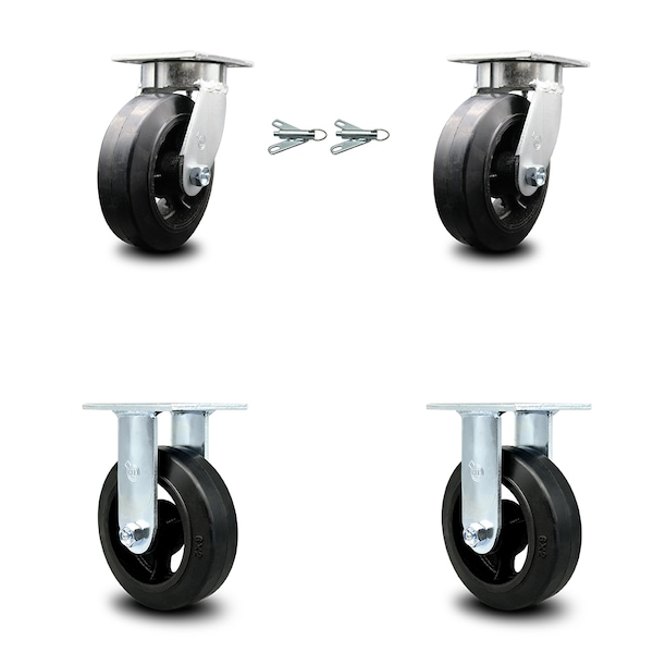 6 Inch Kingpinless Rubber on Steel Wheel Caster Swivel Locks 2 Rigid SCC, 2PK